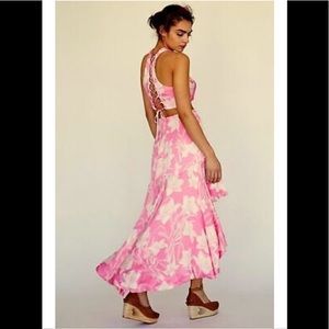 Free People Floral Print Ivory Pink Hi Low Skirt Crop Top Set 2 XS